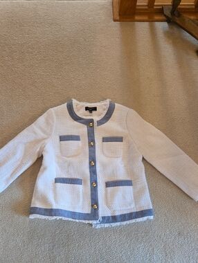 Talbots 10P Textured White Jacket with Blue Trim and Gold Buttons
